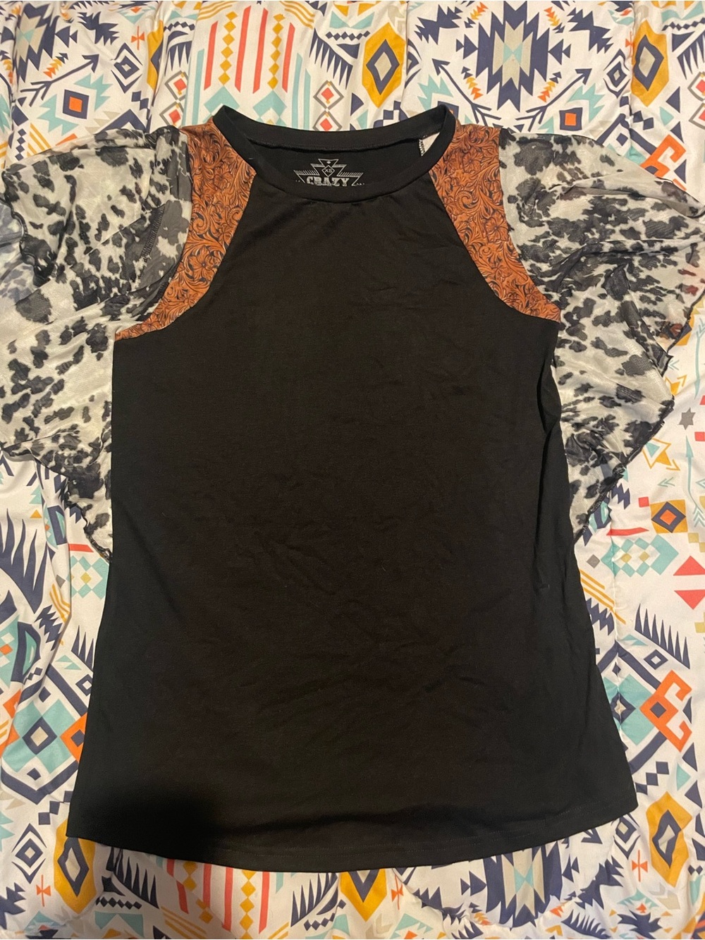 Crazy Train women’s Black Top with Brown Accent and Gray Patterned Sleeves